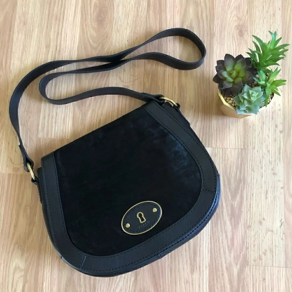 FOSSIL Vintage Re-Issue (VRI) Black Leather Calf Hair Crossbody Shoulder Bag